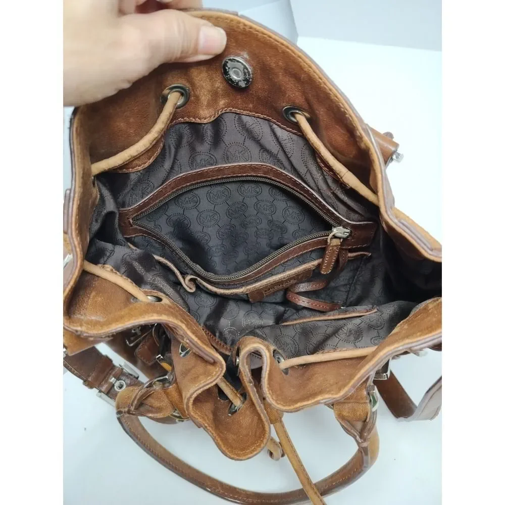 Michael Kors Leather Tote Hobo Shoulder Bag Distressed Look Large Bucket Buckle